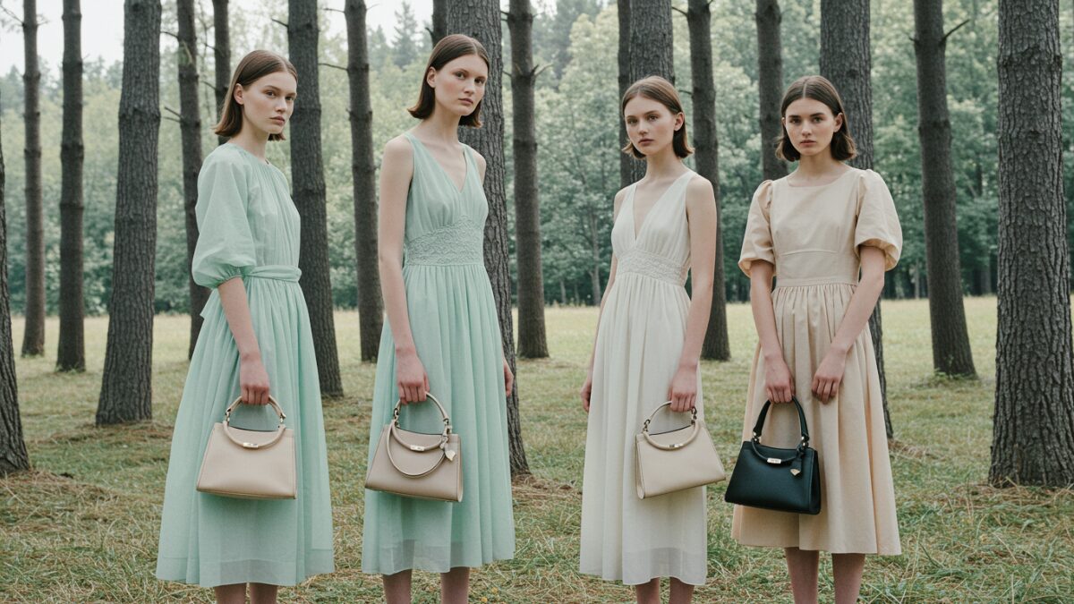 背の高い細長い木々が生い茂る静謐な風景の中、屋外に立っている4人のエレガントな女性。彼女たちはミントグリーン、アイボリー、ベージュの色合いの流れるようなパステルカラーと中間色のドレスを着ており、ソフトでエフォートレスな美的感覚を醸し出している。それぞれの女性は、ミニマルなデザインの、補色のスタイリッシュなハンドバッグを持っている。